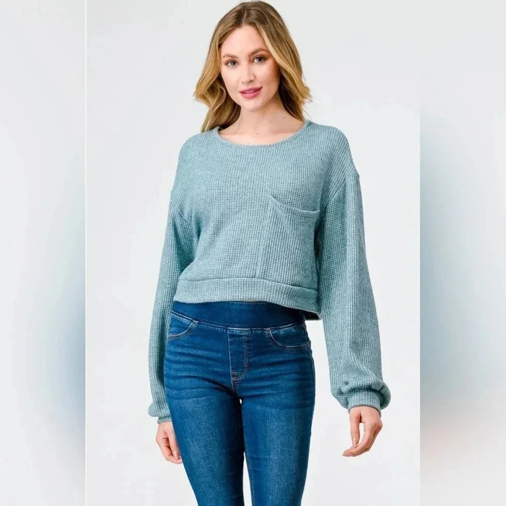 Teal Knit Round Neck Long Sleeve One Pocket Top #385-390